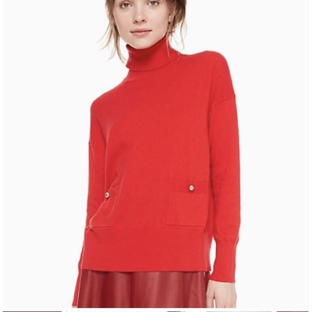 KATE SPADE Wool Sweater Turtleneck Pullover Button Pocket Red Women’s Sz XS